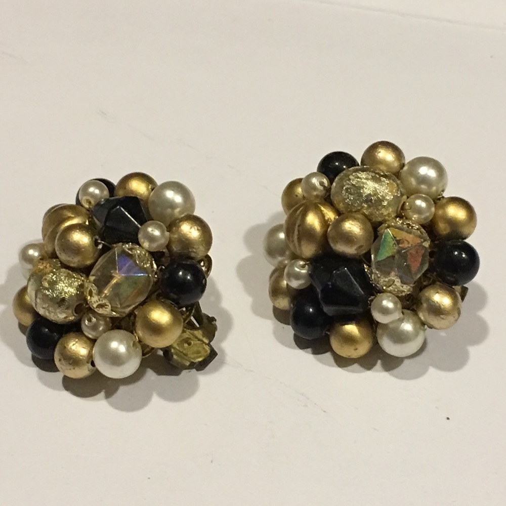Vintage Multicolored Black Gold Cluster Earrings